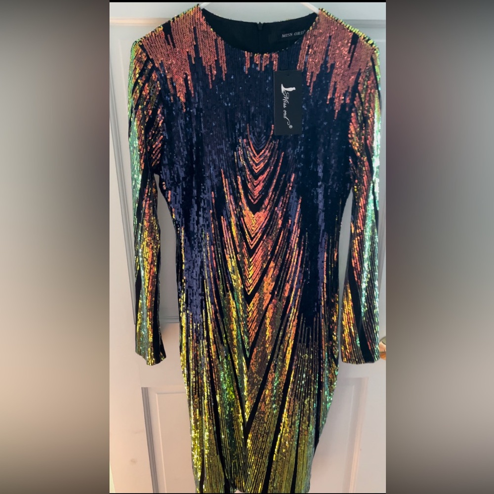 NWT Miss Ord Iridescent Navy/Orange Long Sleeve Dress Size L